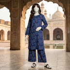 "Woman wearing a premium cotton-silk unstitched 2-piece suit with a monochrome floral print from ZH2 Store."