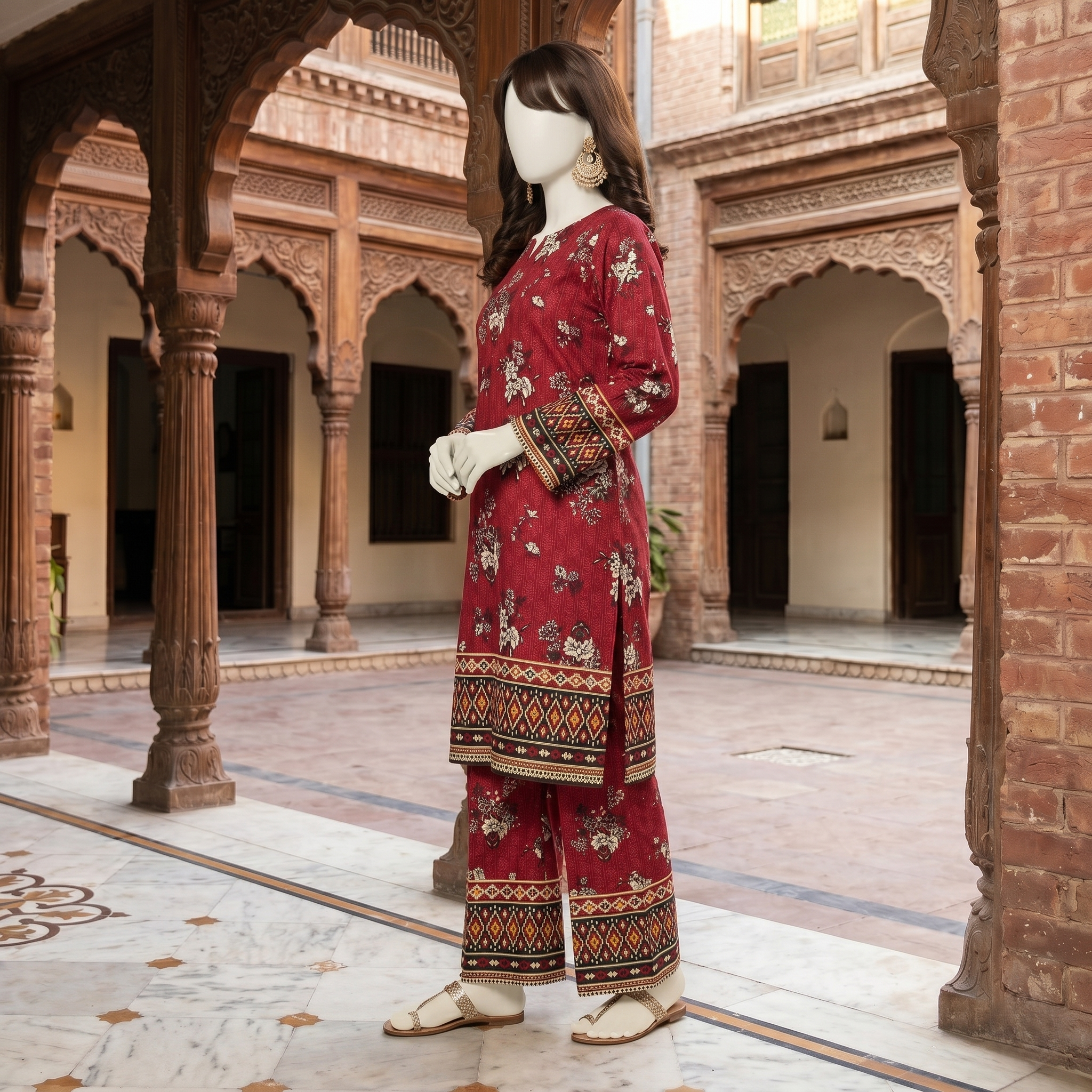 Women's red 2-piece lawn suit, breathable cotton fabric with printed chunri border design.