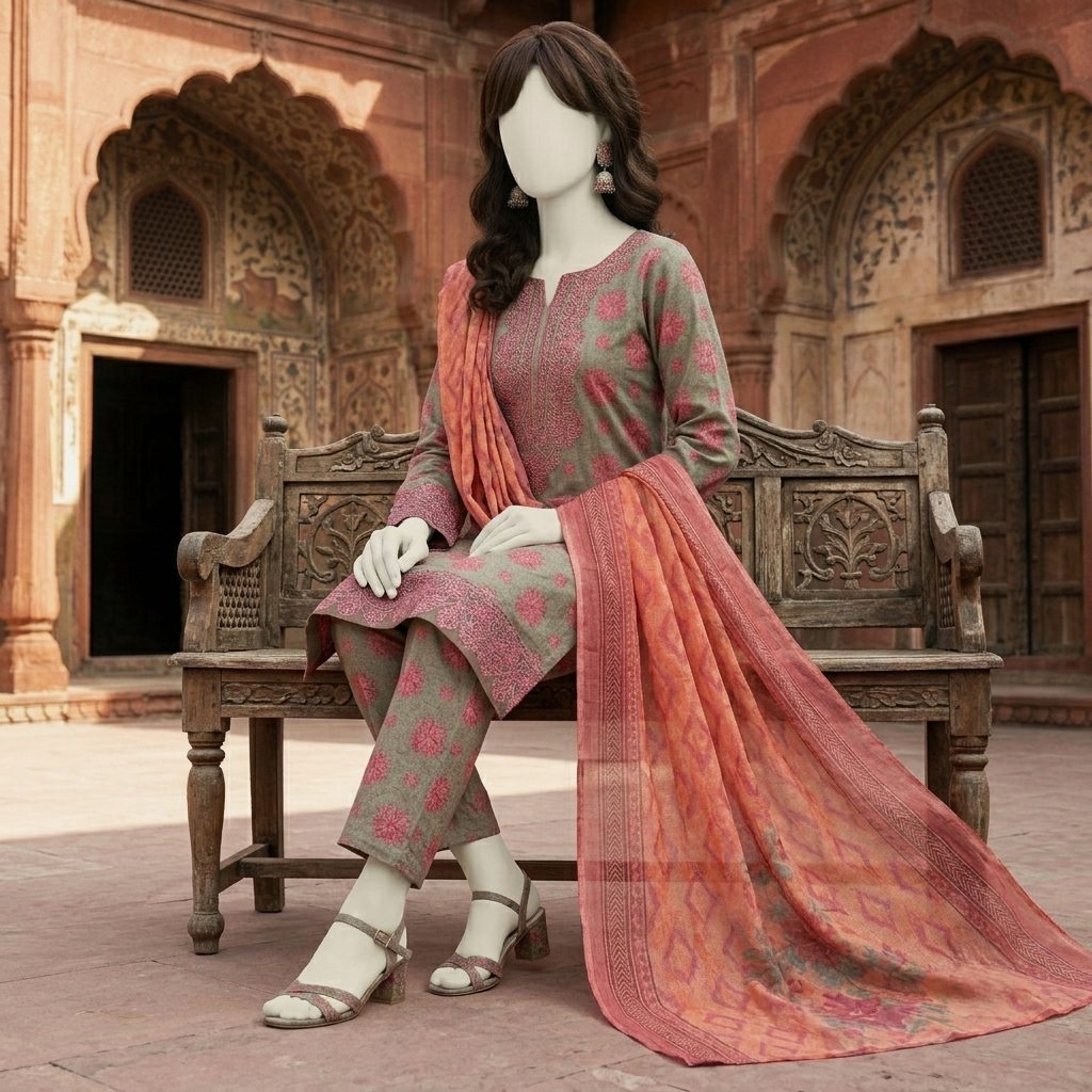 Premium 3-piece embroidered unstitched lawn suit collection by ZH2 Store, featuring a 2.2-meter shirt, 2.4-meter dupatta, and 2.3-meter trouser fabric with intricate floral and ethnic designs displayed on a mannequin.