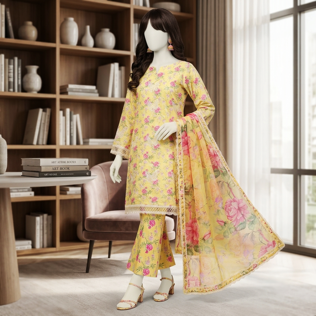 A close-up view of the mannequin showcasing the elegant fall of the floral printed dupatta and shirt.
