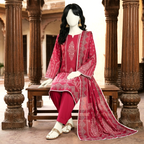 A mannequin seated, showcasing the full 3-piece unstitched lawn suit set including the matching dupatta and detailed sleeves.