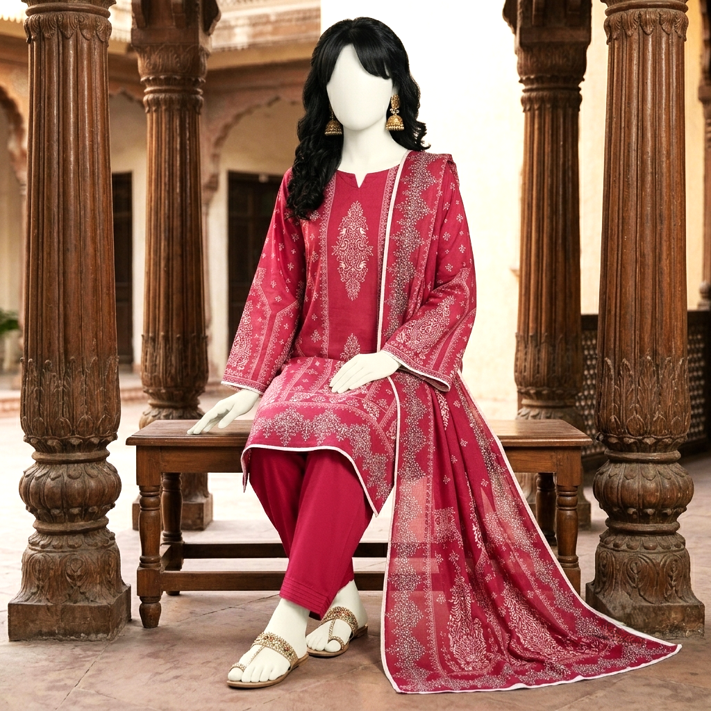 A mannequin seated, showcasing the full 3-piece unstitched lawn suit set including the matching dupatta and detailed sleeves.