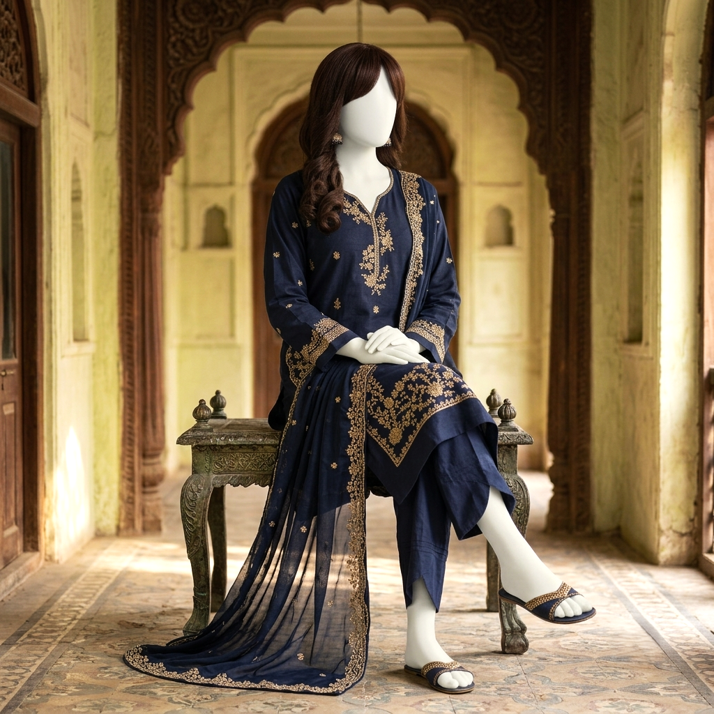 A mannequin seated on a decorative bench, showcasing the drape and elegance of the navy blue 3-piece embroidered lawn ensemble.