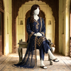 A mannequin seated on a decorative bench, showcasing the drape and elegance of the navy blue 3-piece embroidered lawn ensemble.