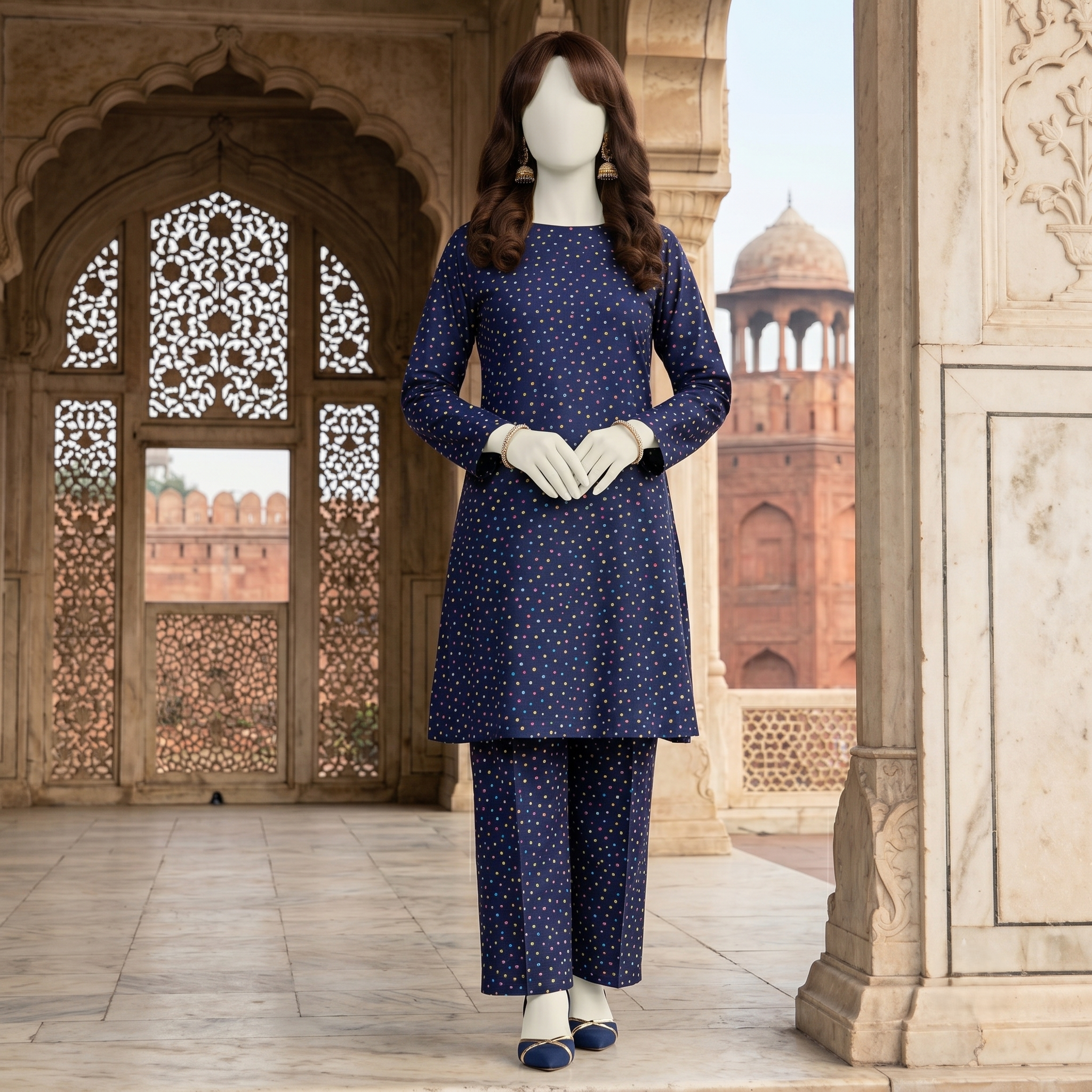 Elegant navy blue cotton suit with vibrant polka dots, unstitched fabric length, premium breathable material.