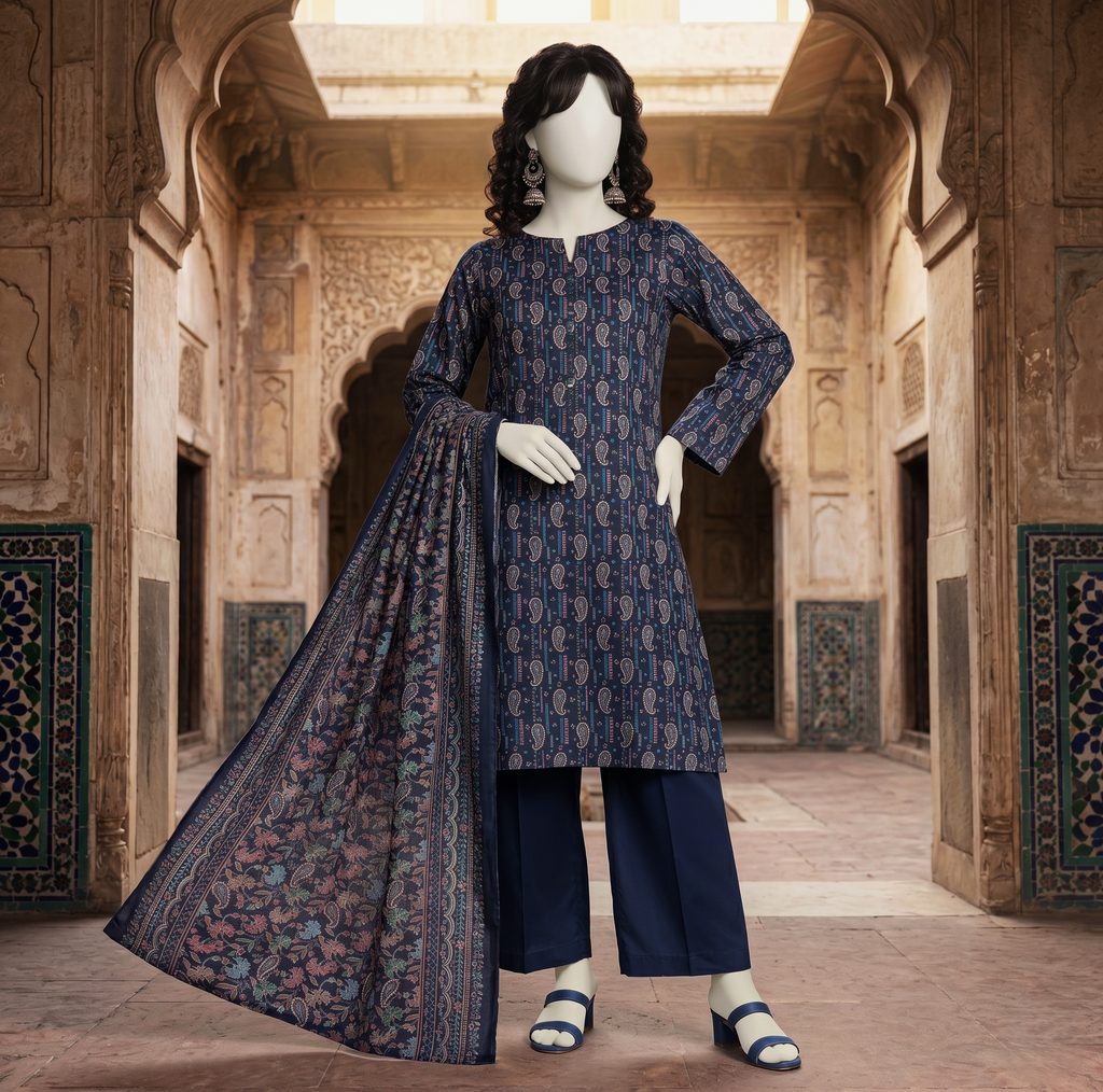 ZH2 Store Navy Blue Paisley Printed 3-Piece Unstitched Lawn Suit