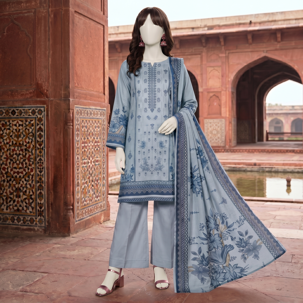 ZH2 Store Blue 3-Piece Unstitched Printed Lawn Suit