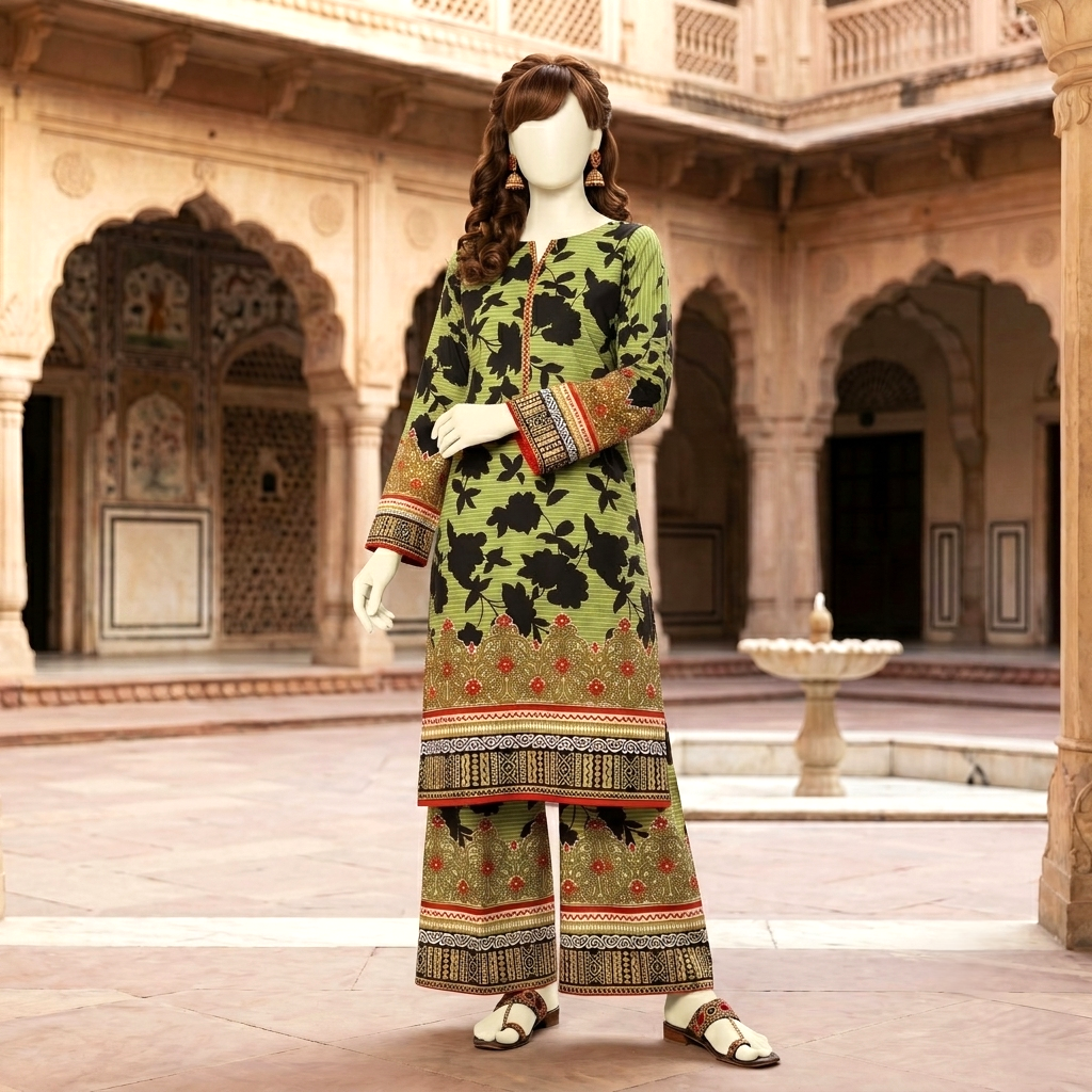 Premium 2-piece unstitched cotton lawn suit with floral print and traditional chunri border by ZH2 Store.