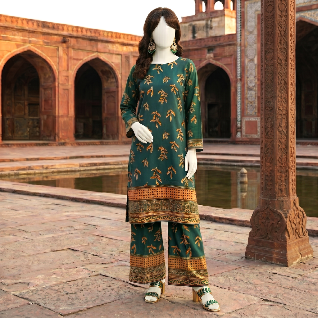 A slightly angled full-length view of the emerald green unstitched lawn suit, highlighting the high-quality fabric texture and sophisticated print pattern.