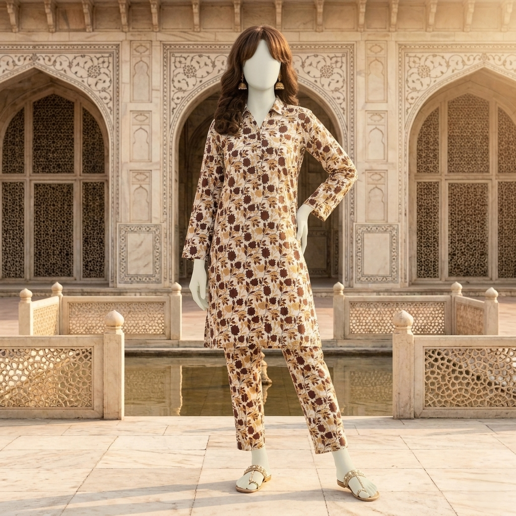 "Woman wearing a premium cotton-silk unstitched 2-piece suit with earth-tone floral prints from ZH2 Store."