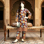 Side profile of a mannequin wearing a maroon floral print 2-piece unstitched suit with chunri-style border, premium cotton silk, neutral background.