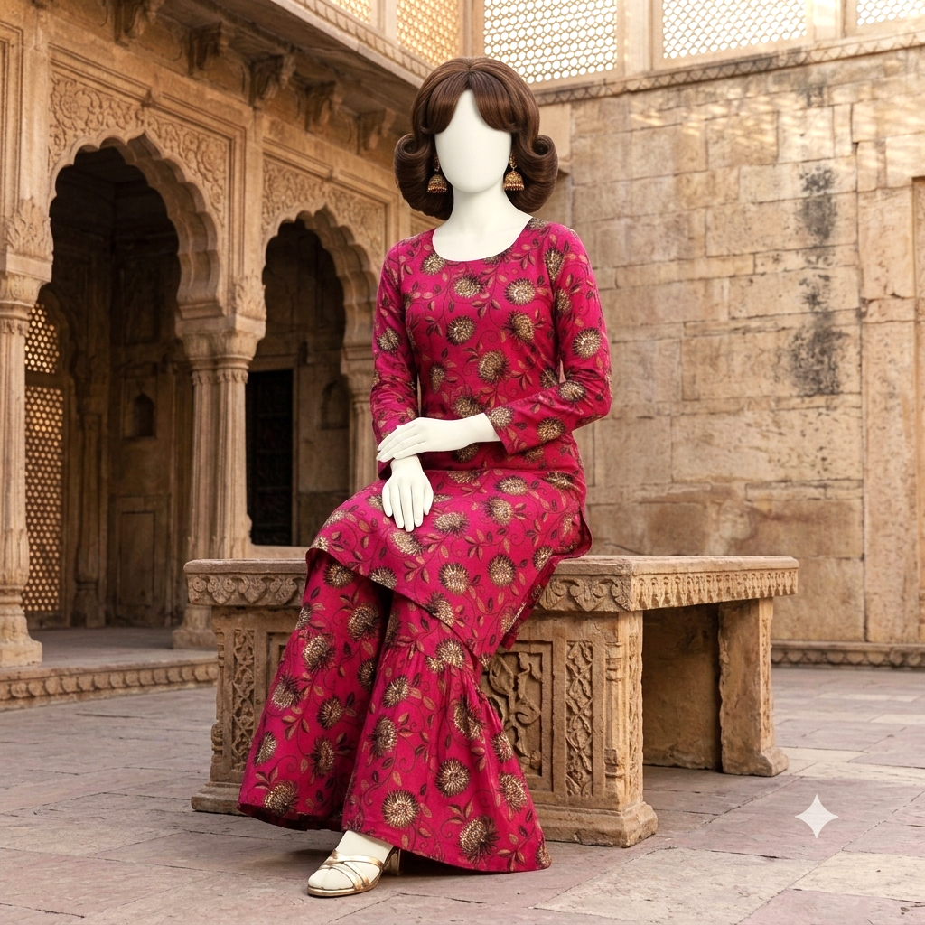 "Mannequin showcasing a vibrant pink 2-piece cotton silk unstitched suit with floral pattern, available at ZH2 Store."