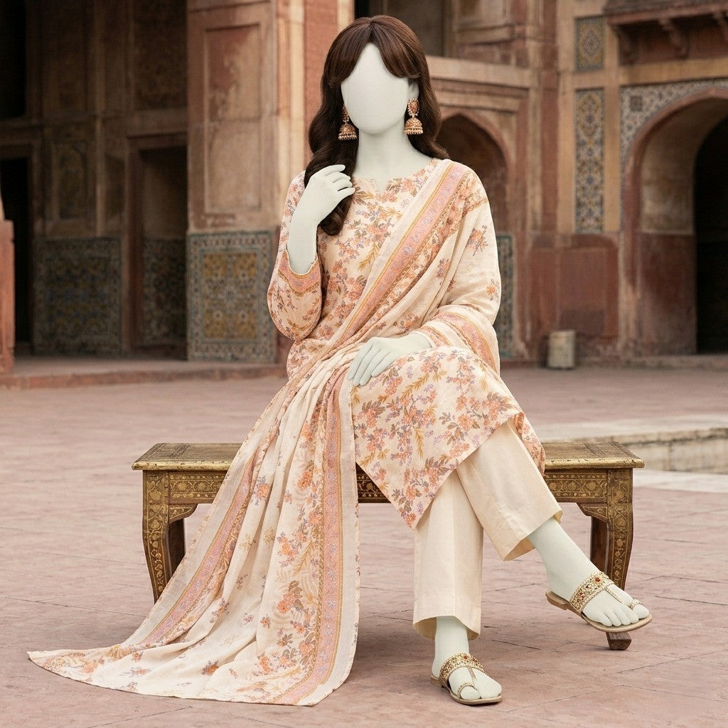 ZH2 Store Elegant Floral Printed 3-Piece Unstitched Lawn Suit