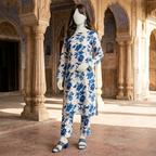 "Woman wearing a premium cotton-silk unstitched 2-piece suit with vibrant floral prints from ZH2 Store."