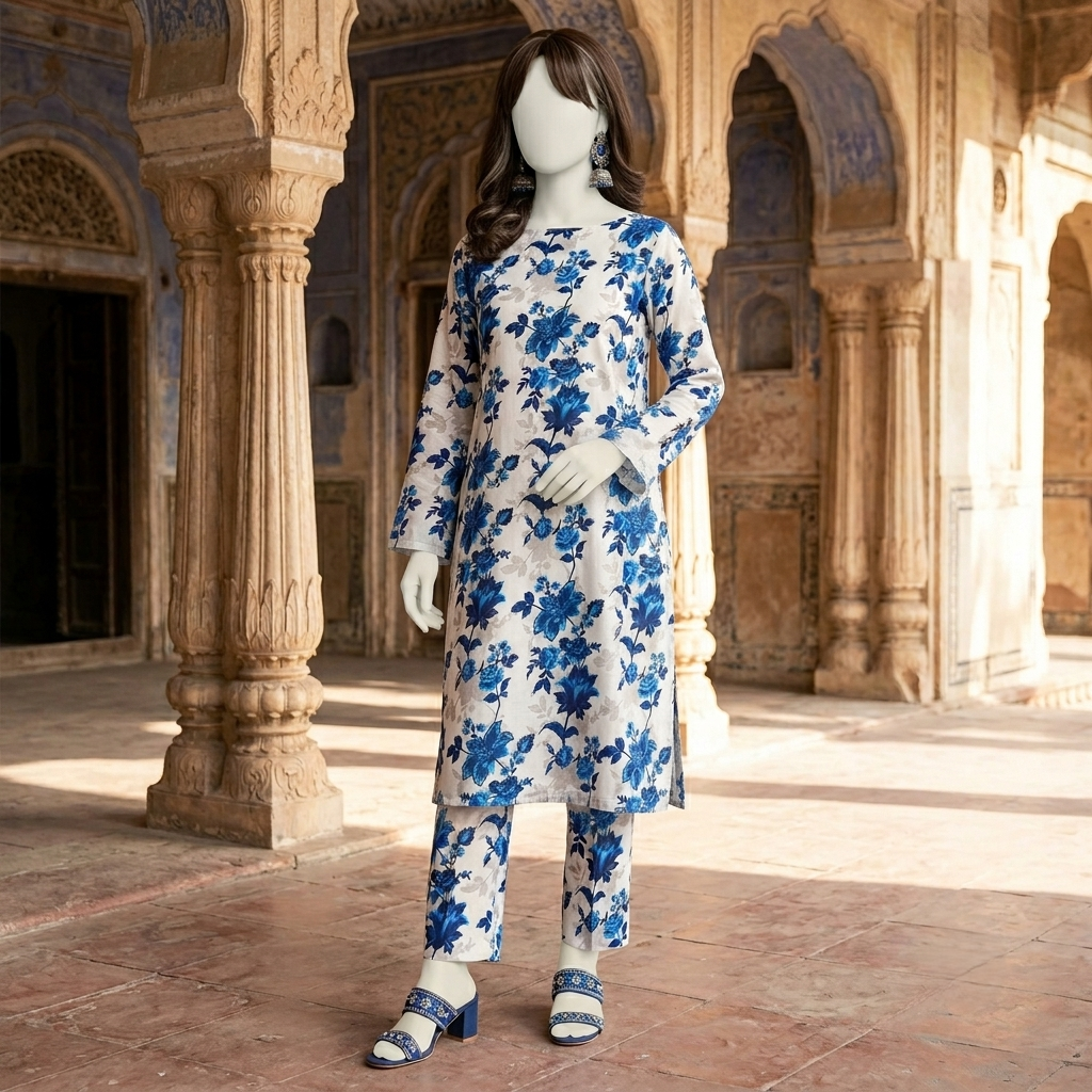 "Woman wearing a premium cotton-silk unstitched 2-piece suit with vibrant floral prints from ZH2 Store."