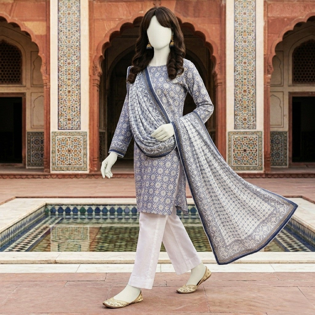 ZH2 Store Elegant Blue Geometric Printed 3-Piece Unstitched Lawn Suit