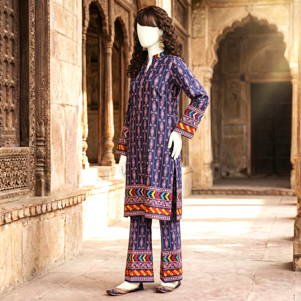 Side profile of blue printed cotton lawn unstitched suit with patterned trousers.