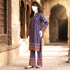 Side profile of blue printed cotton lawn unstitched suit with patterned trousers.