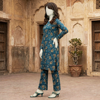 "Side view of elegant floral printed unstitched 2-piece suit"