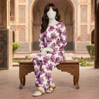 "Close up of premium floral fabric with mannequin seated"