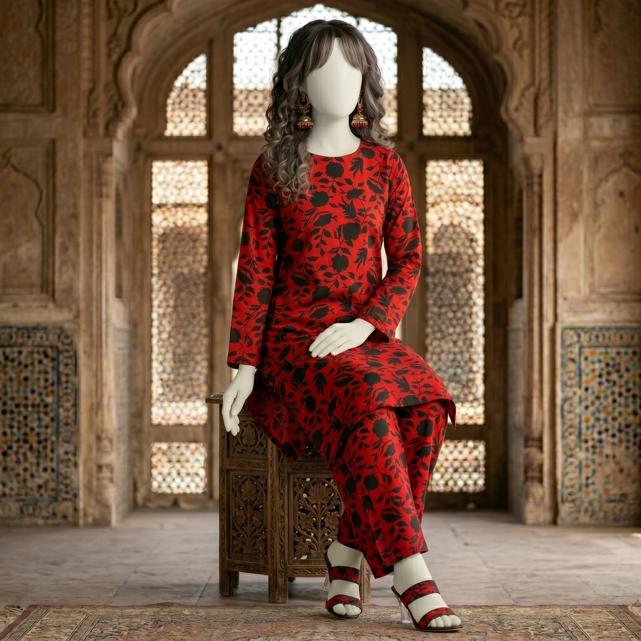 "Mannequin showcasing a bold red and black floral printed 2-piece cotton silk unstitched suit, available at ZH2 Store."