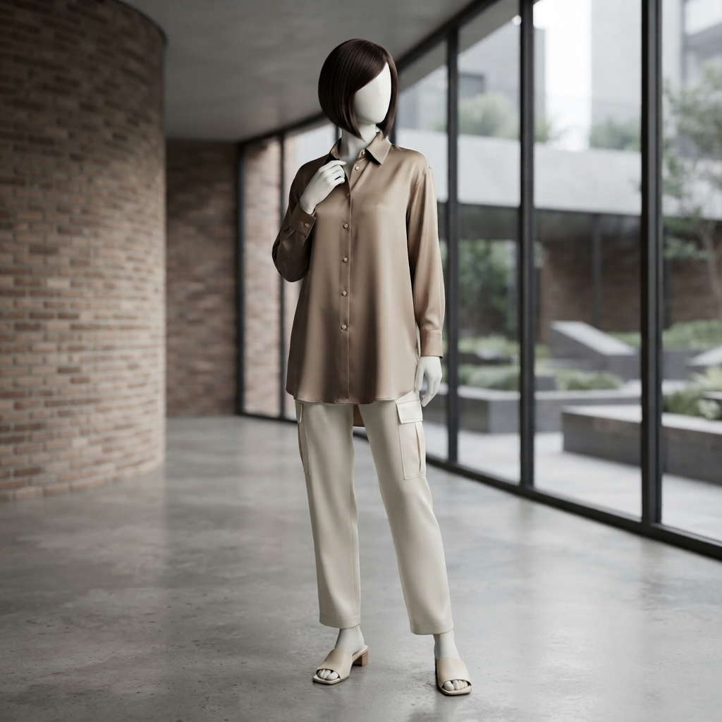 A mannequin styled in a coffee-colored silk formal shirt with neutral trousers, set against an elegant brick-wall background.
