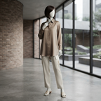 A mannequin styled in a coffee-colored silk formal shirt with neutral trousers, set against an elegant brick-wall background.
