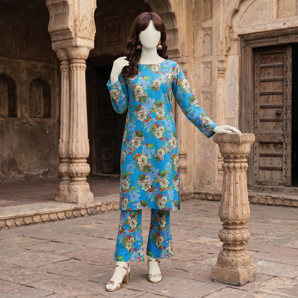 Full display of blue floral printed cotton fabric, 2-piece unstitched set, elegant ethnic design.