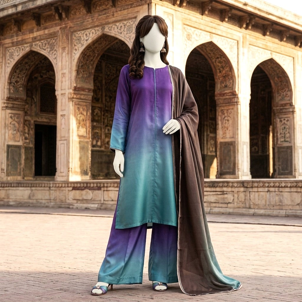 A mannequin wearing a sophisticated purple-to-teal gradient silk 3-piece unstitched suit, paired with a solid-toned dupatta.