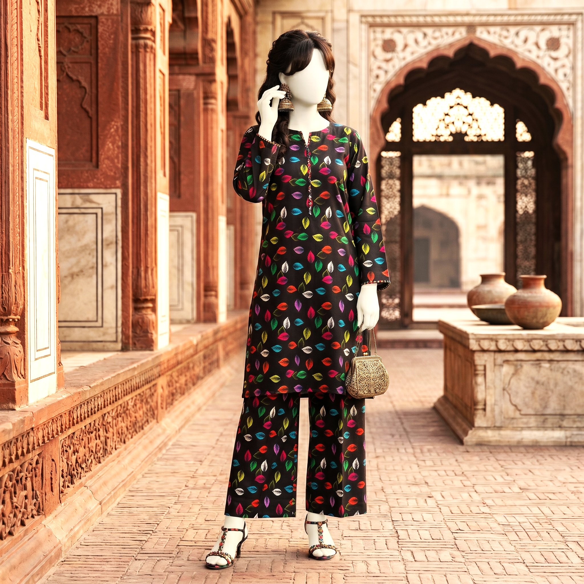 "Close-up view of 4.3 meters premium breathable cotton silk unstitched suit, black base with colorful leaf pattern - ZH2 Store."