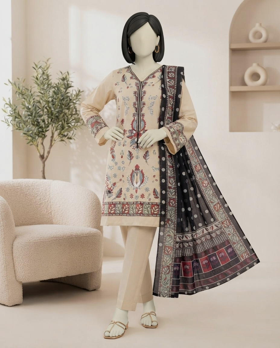 Beige 3-piece unstitched embroidered lawn suit with a contrast black and patterned dupatta displayed on a mannequin.