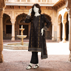 Elegant display of the black printed 3-piece unstitched lawn suit, highlighting the sophisticated traditional design available at ZH2 Store.