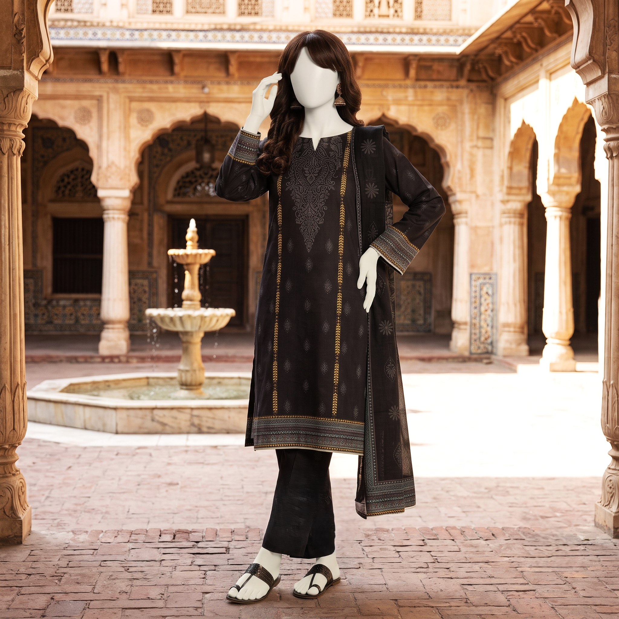 Elegant display of the black printed 3-piece unstitched lawn suit, highlighting the sophisticated traditional design available at ZH2 Store.