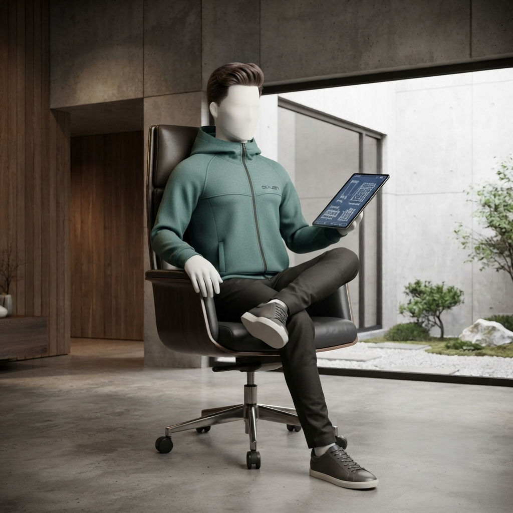A professional seated pose highlighting the comfort and versatility of the grayish blue hoodie at ZH2 Store.