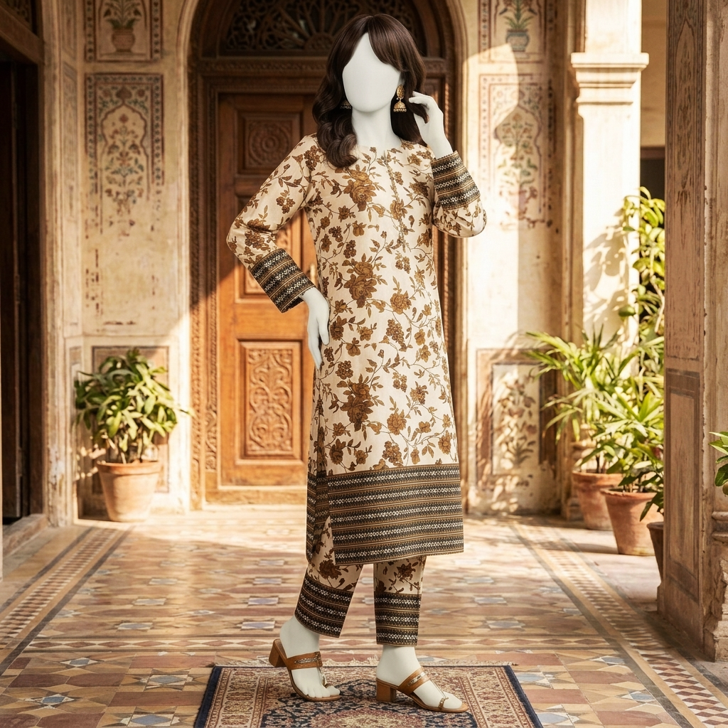 Mannequin standing in a courtyard wearing an earthy brown floral cotton silk 2-piece unstitched suit with detailed chunri borders.