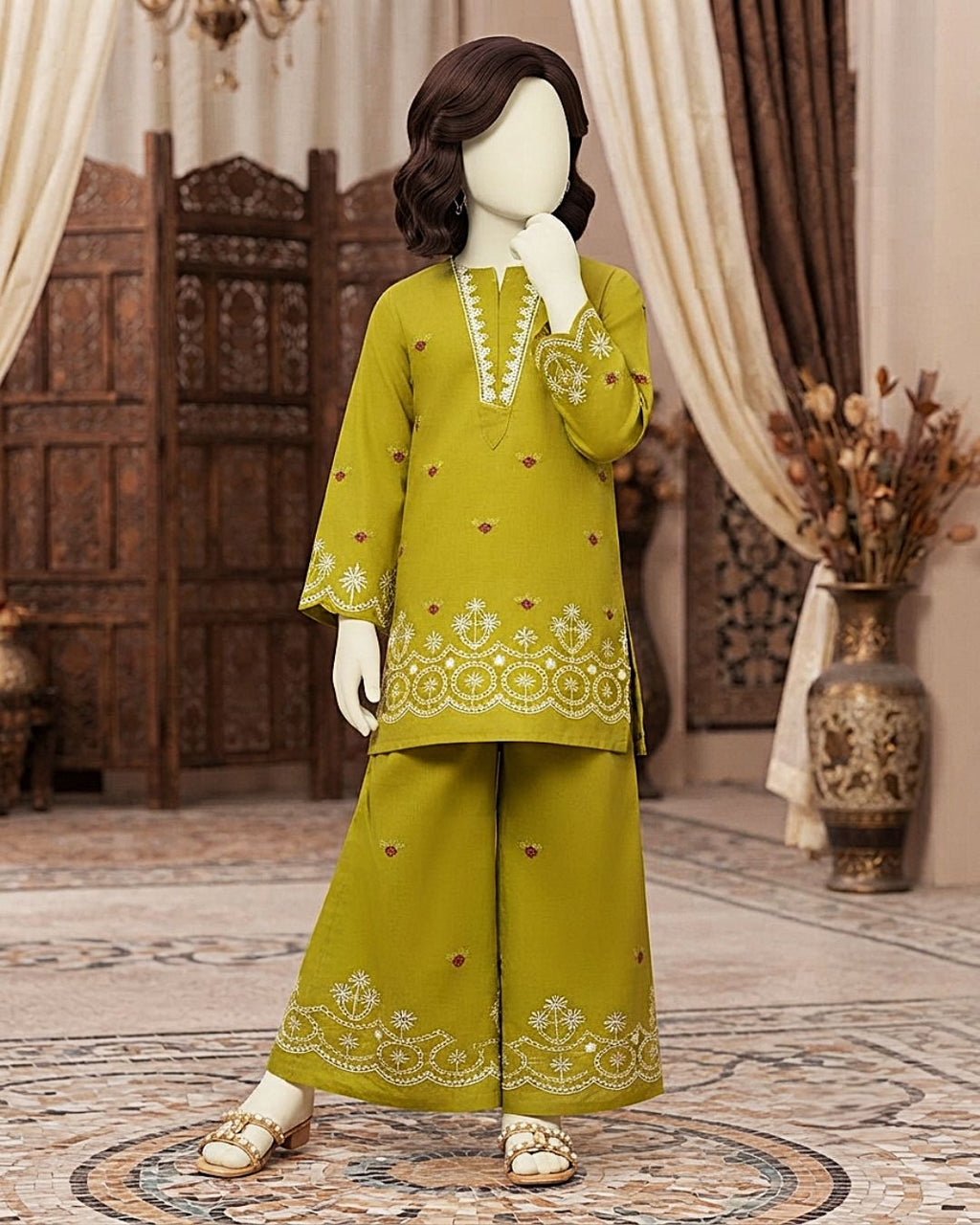 view of the kids unstitched embroidered lawn outfit showing detailed shirt and trousers