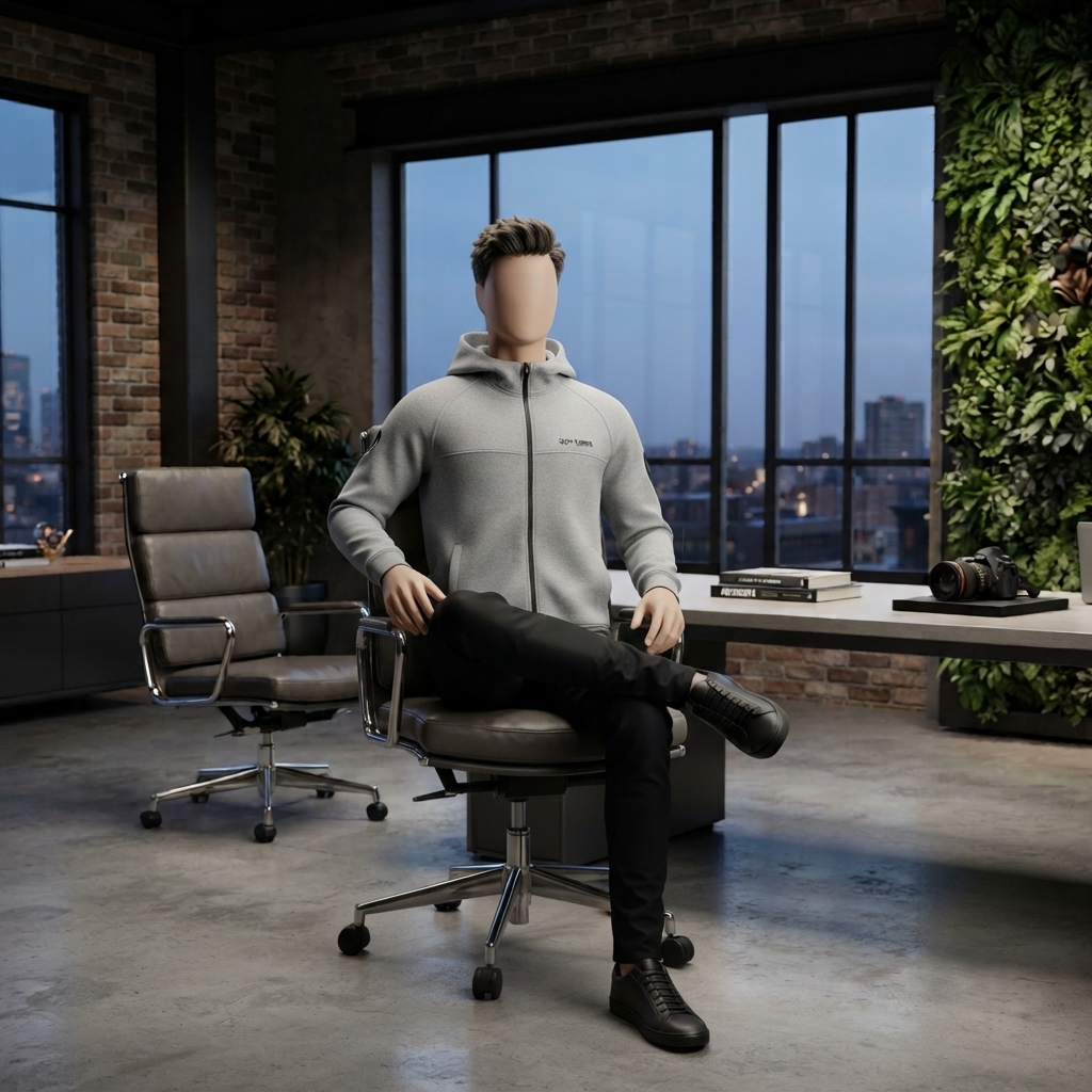 A professional seated pose highlighting the versatility and comfort of the gray hoodie at ZH2 Store.
