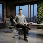 A professional seated pose highlighting the versatility and comfort of the gray hoodie at ZH2 Store.