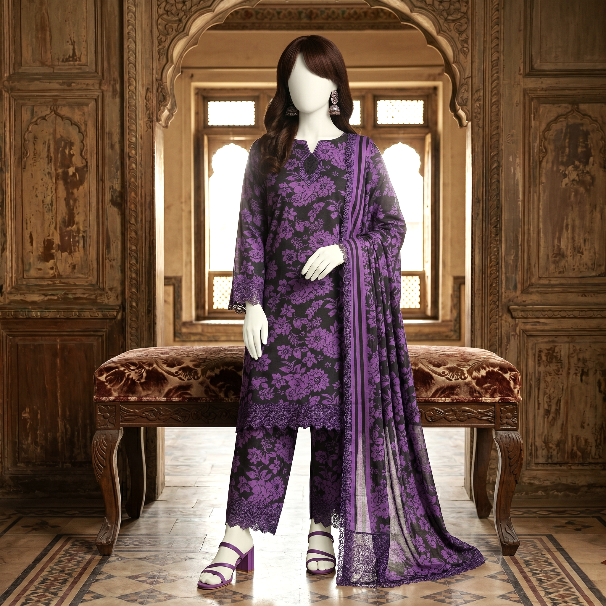 Premium 3-piece printed unstitched lawn suit collection by ZH2 Store, featuring an elegant floral and ethnic-inspired design with a 3.3-meter shirt, 2.2-meter dupatta, and 2.2-meter trouser fabric displayed on a mannequin.