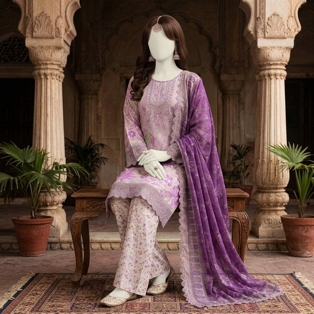 A mannequin sitting on a traditional bench, showcasing the drape and detailing of a floral embroidered lawn suit with a 25-inch daman border.