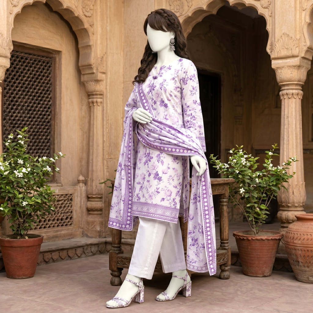 Premium 3-piece printed unstitched lawn suit collection by ZH2 Store, featuring a 2.1-meter shirt, 2.6-meter dupatta, and 2.2-meter trouser fabric with intricate floral and ethnic designs displayed on a mannequin.