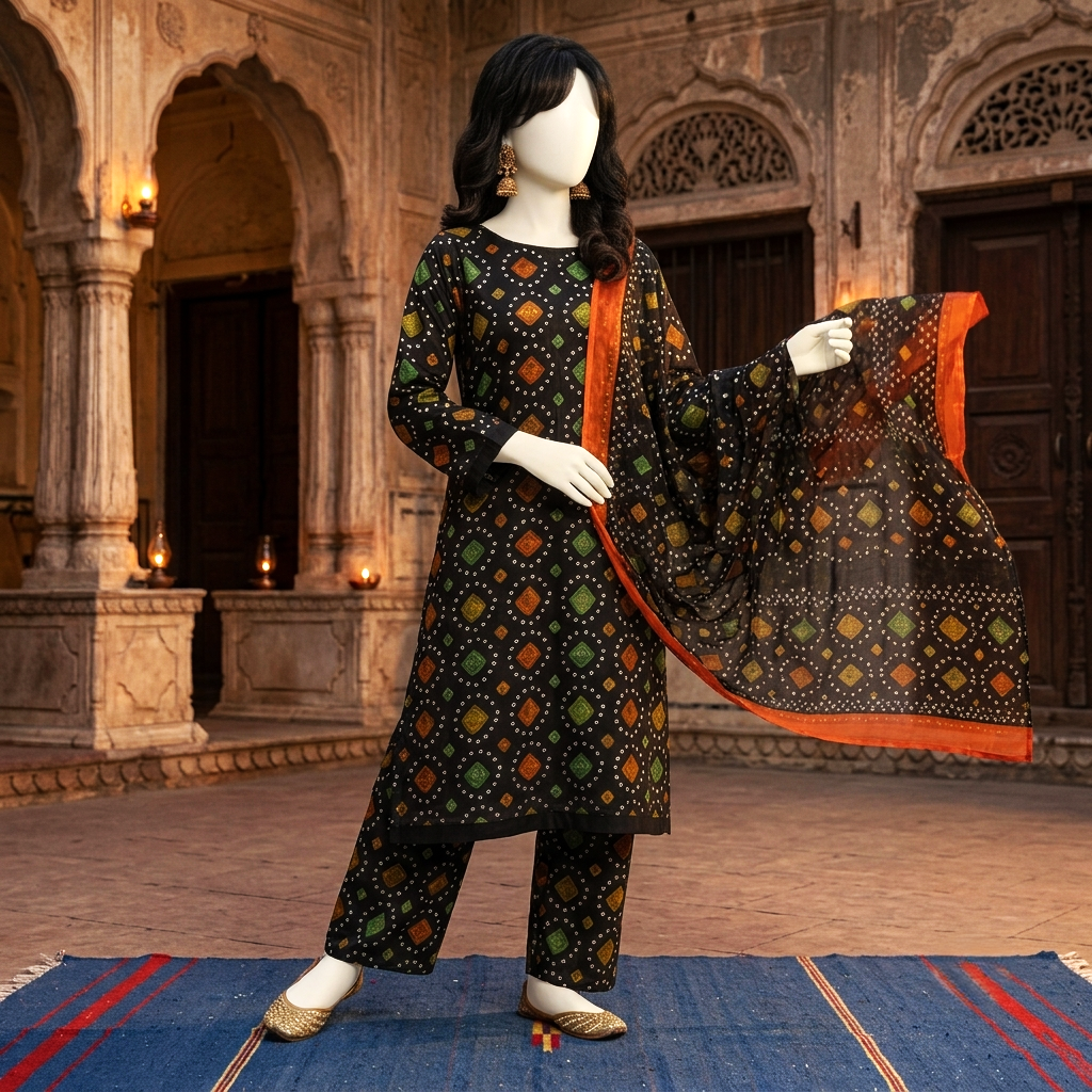 A mannequin presenting the blue-toned variation of the printed lawn suit with orange accents.