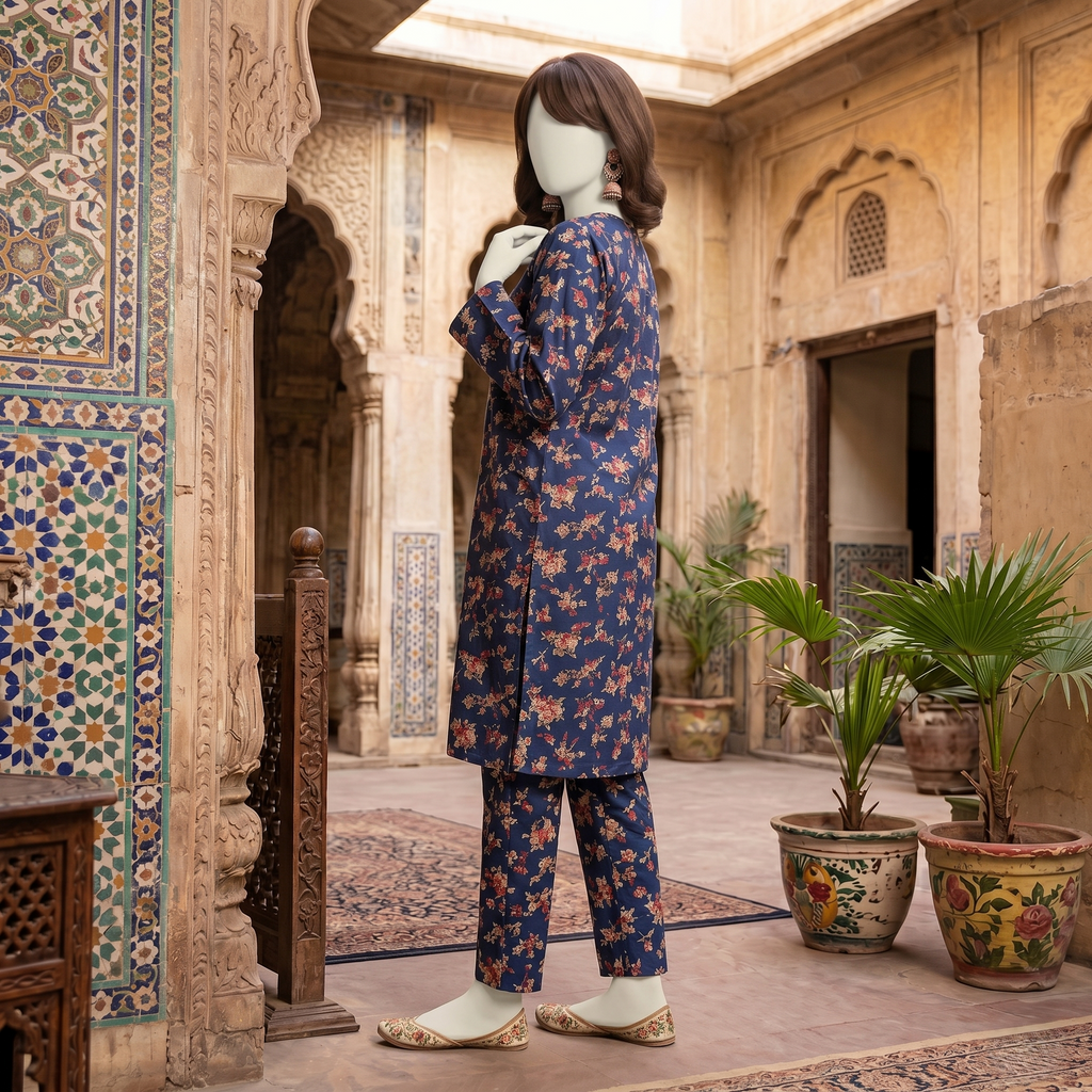 "Woman wearing a premium cotton-silk unstitched 2-piece suit with a vibrant floral print from ZH2 Store."