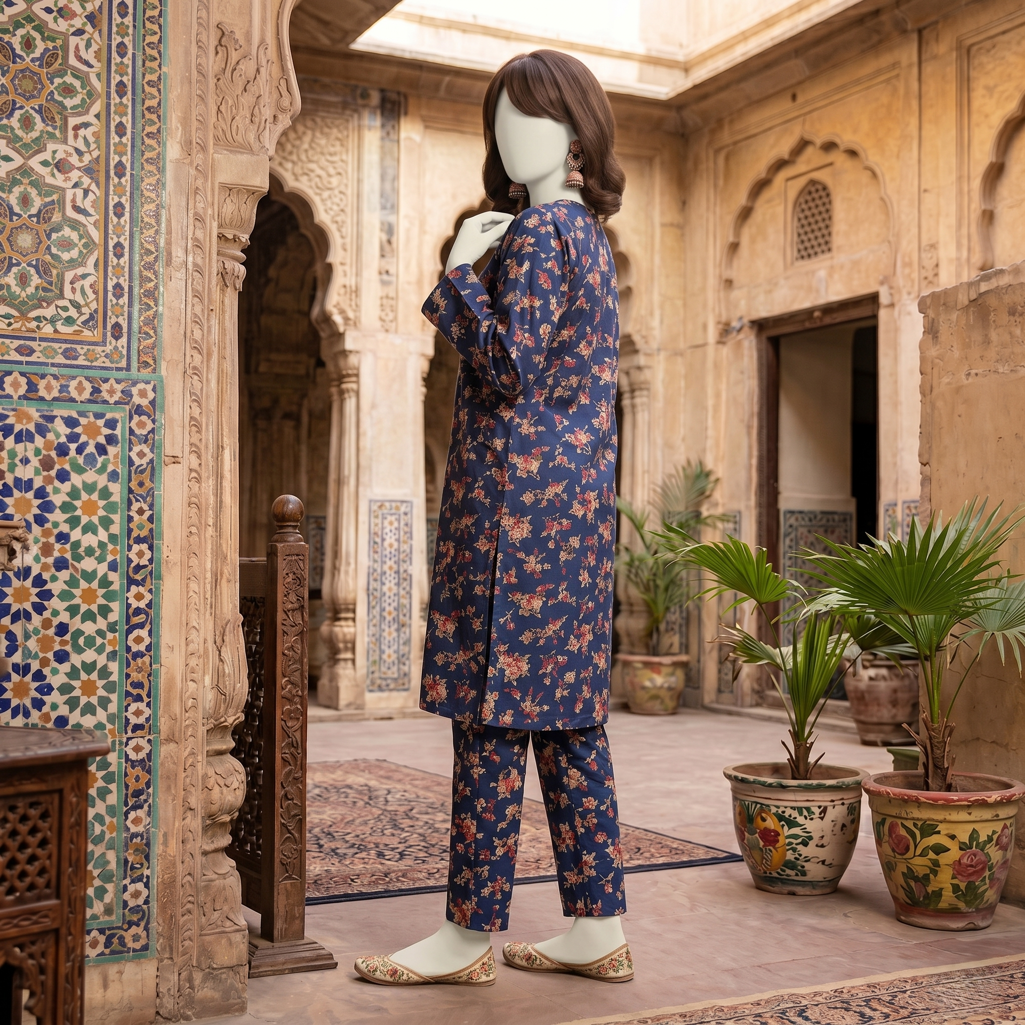"Woman wearing a premium cotton-silk unstitched 2-piece suit with a vibrant floral print from ZH2 Store."