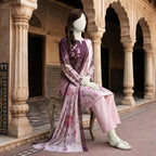 A mannequin displaying a purple and pink floral printed 3-piece unstitched lawn suit.