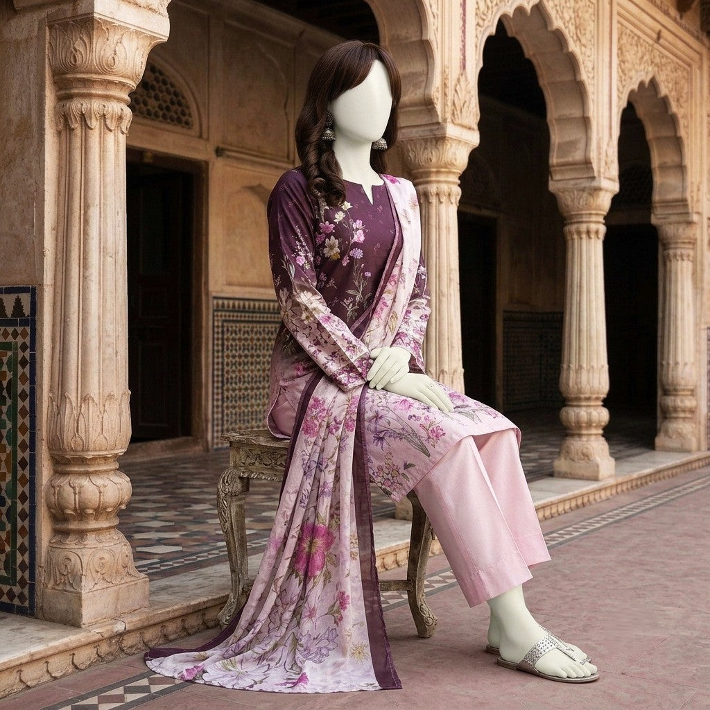 A mannequin displaying a purple and pink floral printed 3-piece unstitched lawn suit.