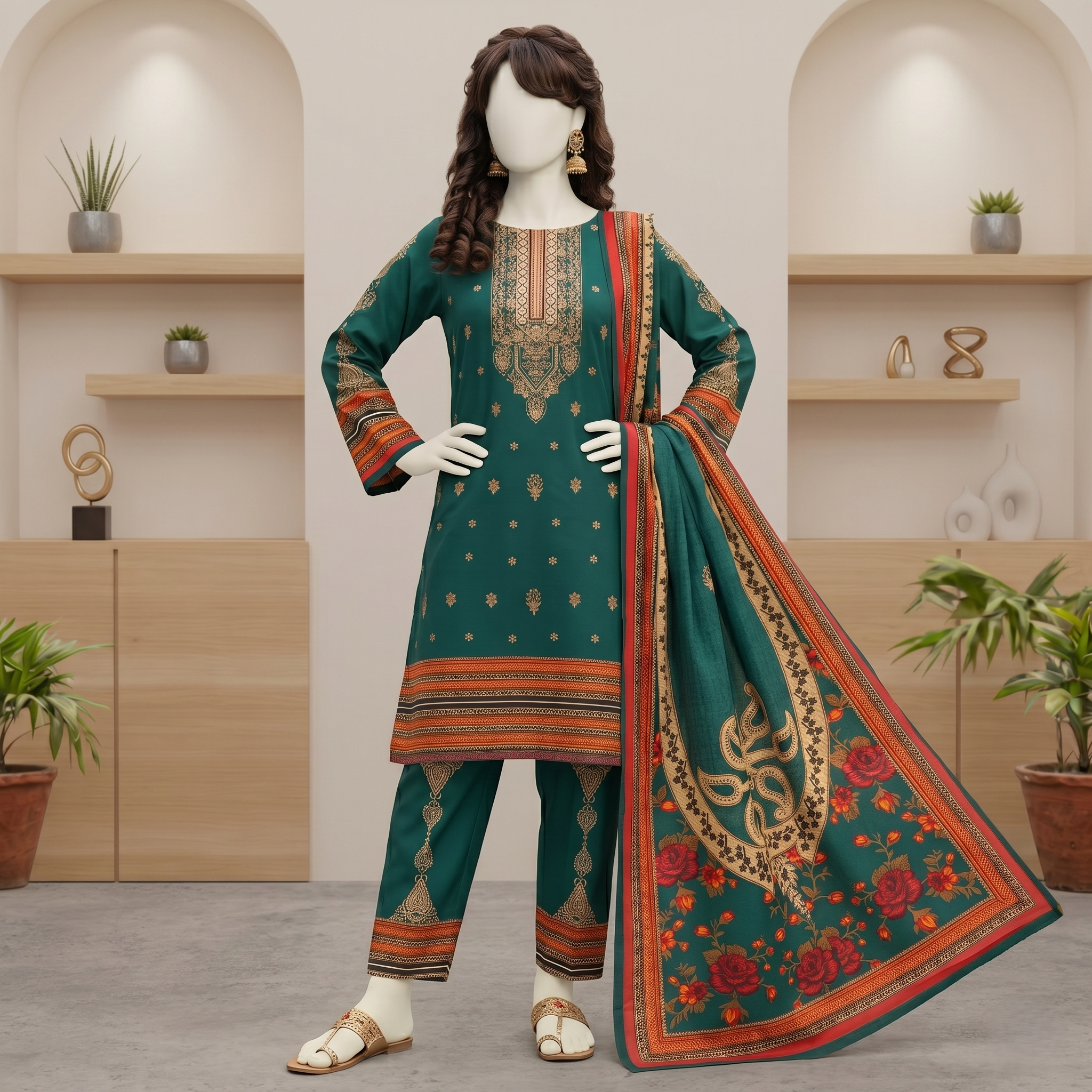 ZH2 Store Green 3-Piece Unstitched Printed Lawn Suit