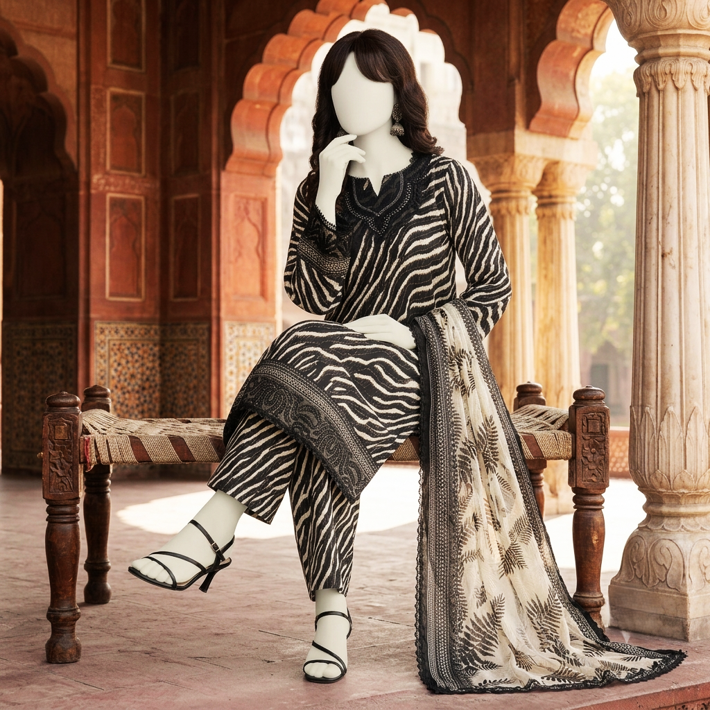 A mannequin sitting on a traditional bench, modeling a monochrome zebra print lawn suit with a detailed daman patch and matching dupatta in a studio setting.
