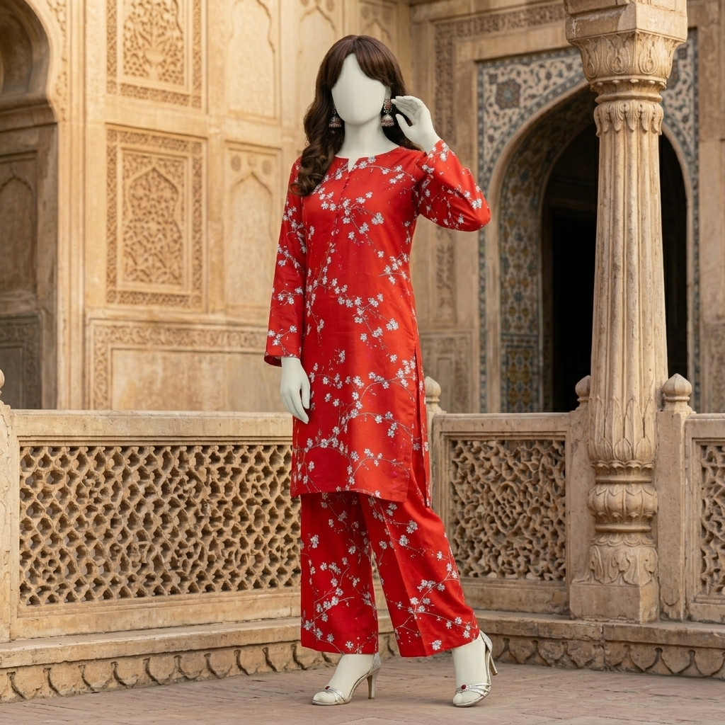"Woman wearing a premium cotton-silk unstitched 2-piece suit with soft-toned elegant prints from ZH2 Store."