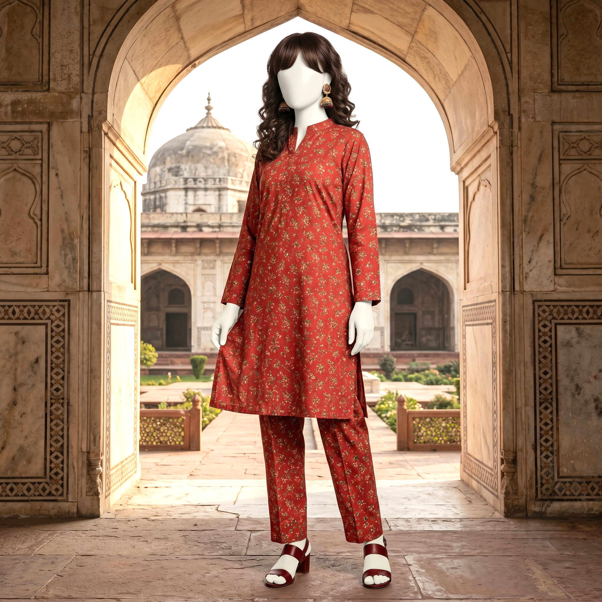 "A mannequin wearing a red-colored, traditional floral printed 2-piece cotton silk unstitched suit, available at ZH2 Store."